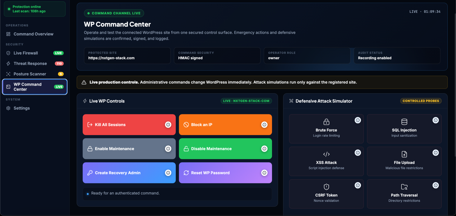 NxtGen Shield WP Command Center showing live WordPress controls, firewall and threat navigation, command security, and defensive attack simulations